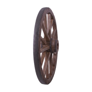 Decorative 38-inch wagon wheel sculpture featuring a brown wood-like finish, a thick central hub, and a dark outer rim.