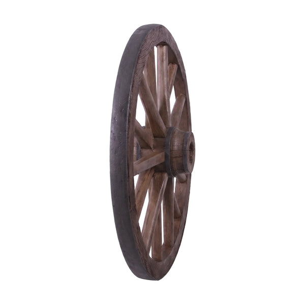 Decorative 38-inch wagon wheel sculpture featuring a brown wood-like finish, a thick central hub, and a dark outer rim.