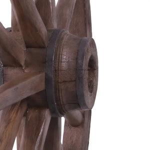 Decorative 38-inch wagon wheel sculpture featuring a brown wood-like finish, a thick central hub, and a dark outer rim.