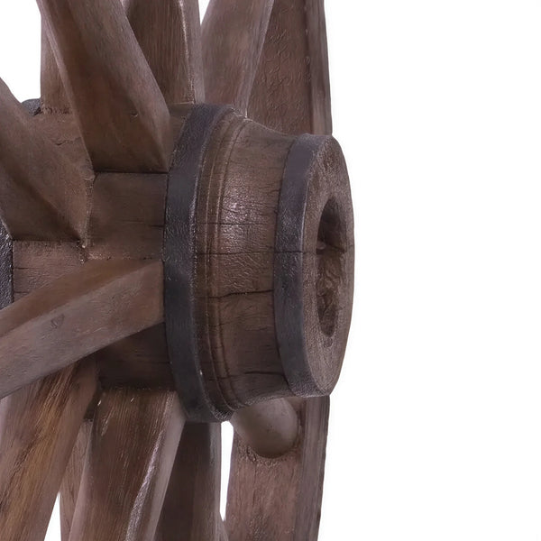 Decorative 38-inch wagon wheel sculpture featuring a brown wood-like finish, a thick central hub, and a dark outer rim.