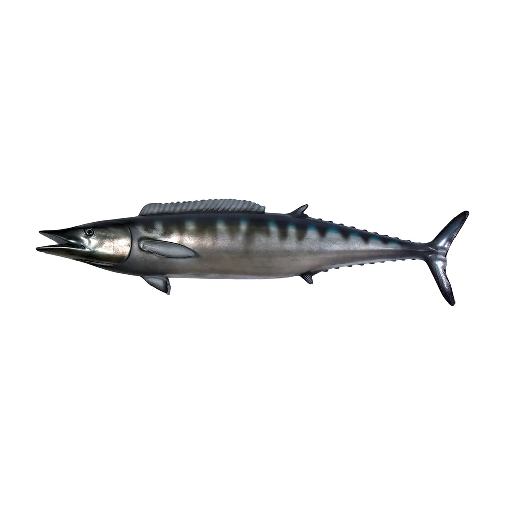 Decorative sculpture of a Wahoo fish featuring a streamlined body, a metallic silver finish, and dark vertical stripes along its back.