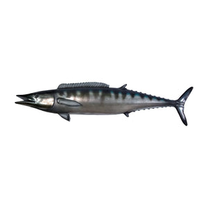 Decorative sculpture of a Wahoo fish featuring a streamlined body, a metallic silver finish, and dark vertical stripes along its back.