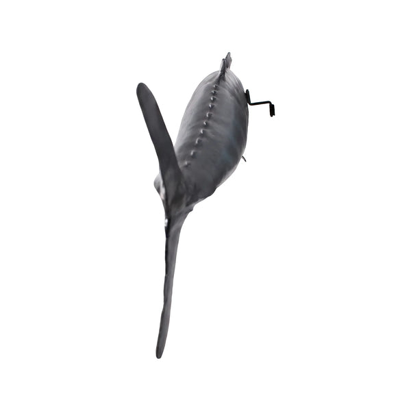 Decorative sculpture of a Wahoo fish featuring a streamlined body, a metallic silver finish, and dark vertical stripes along its back.