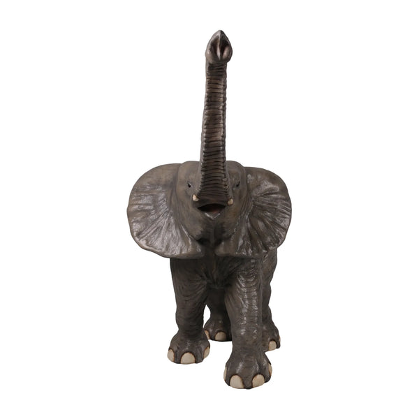 Decorative statue of a walking baby elephant featuring textured grey skin, large flared ears, and a high raised trunk.