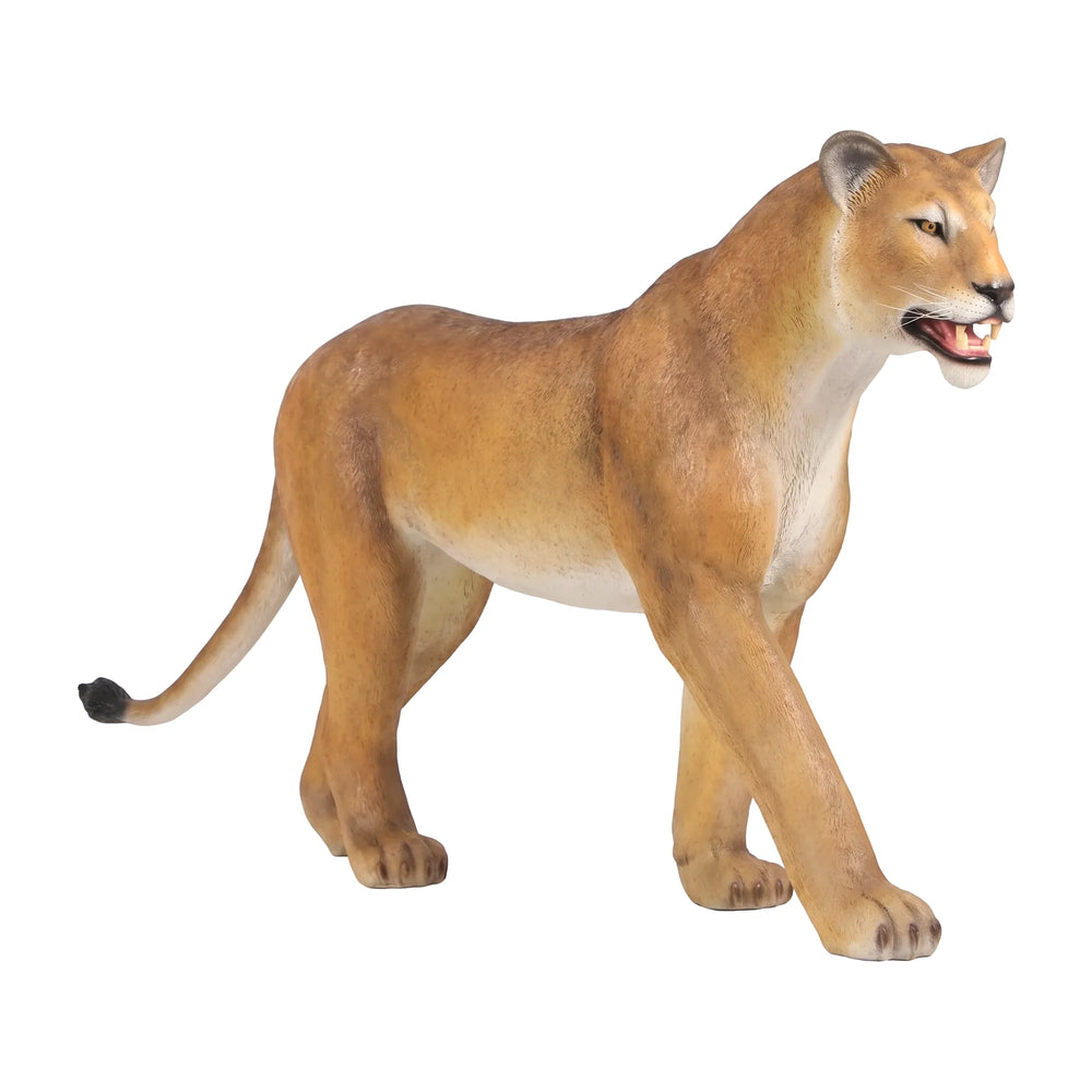 Decorative statue of a walking lioness featuring a textured tan coat, a lighter underbelly, and an open mouth with visible teeth.