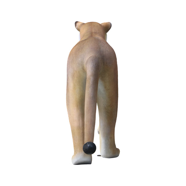Decorative statue of a walking lioness featuring a textured tan coat, a lighter underbelly, and an open mouth with visible teeth.