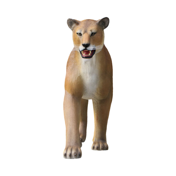 Decorative statue of a walking lioness featuring a textured tan coat, a lighter underbelly, and an open mouth with visible teeth.