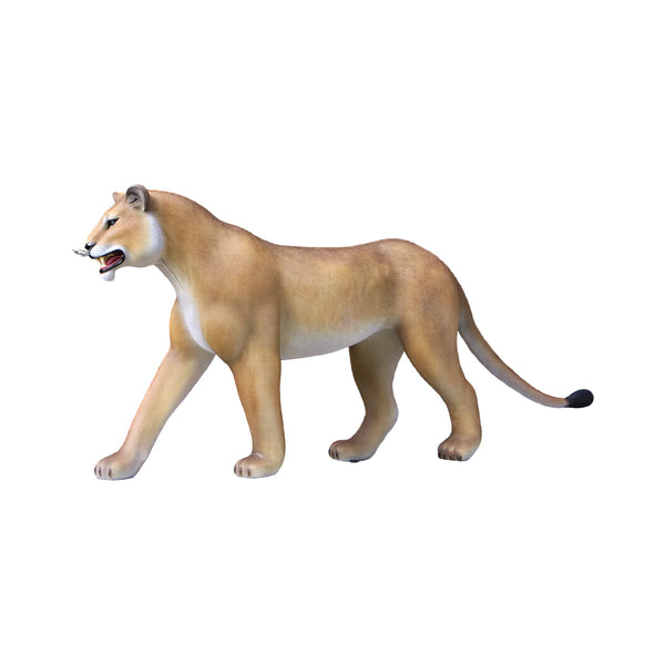 Decorative statue of a walking lioness featuring a textured tan coat, a lighter underbelly, and an open mouth with visible teeth.