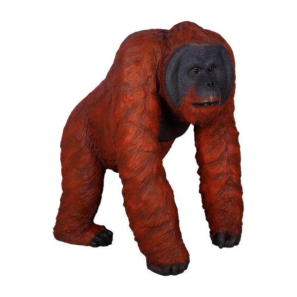 Decorative statue of a walking male orangutan featuring textured reddish-brown fur, a dark face with prominent cheek pads, and a knuckle-walking stance.