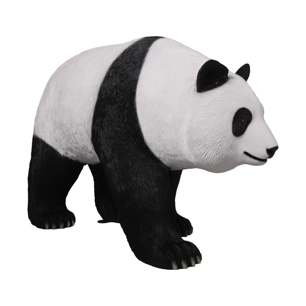Decorative statue of a walking giant panda featuring a realistic black and white textured coat.