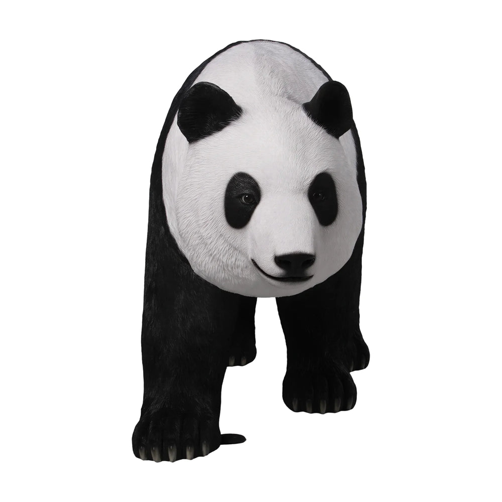 Decorative statue of a walking giant panda featuring a realistic black and white textured coat.