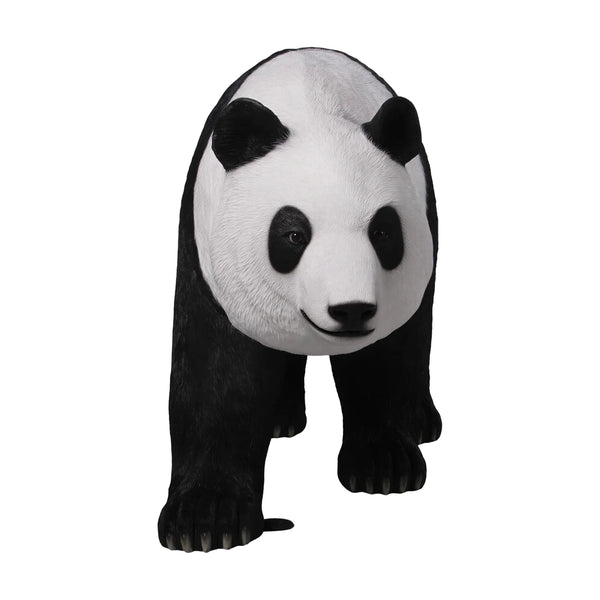 Decorative statue of a walking giant panda featuring a realistic black and white textured coat.