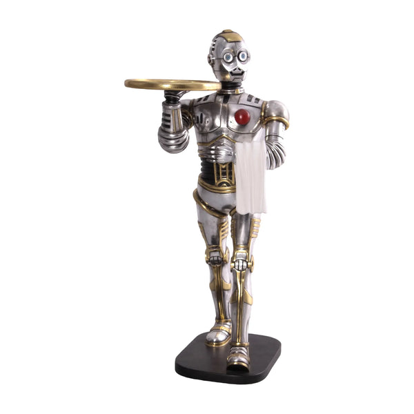 Decorative 3-foot humanoid robot statue featuring a metallic silver and gold finish, holding a gold serving tray and a white towel.