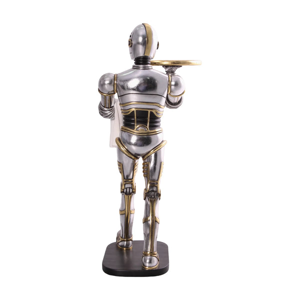 Decorative 3-foot humanoid robot statue featuring a metallic silver and gold finish, holding a gold serving tray and a white towel.