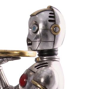 Decorative 3-foot humanoid robot statue featuring a metallic silver and gold finish, holding a gold serving tray and a white towel.