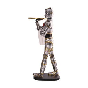 Decorative 3-foot humanoid robot statue featuring a metallic silver and gold finish, holding a gold serving tray and a white towel.