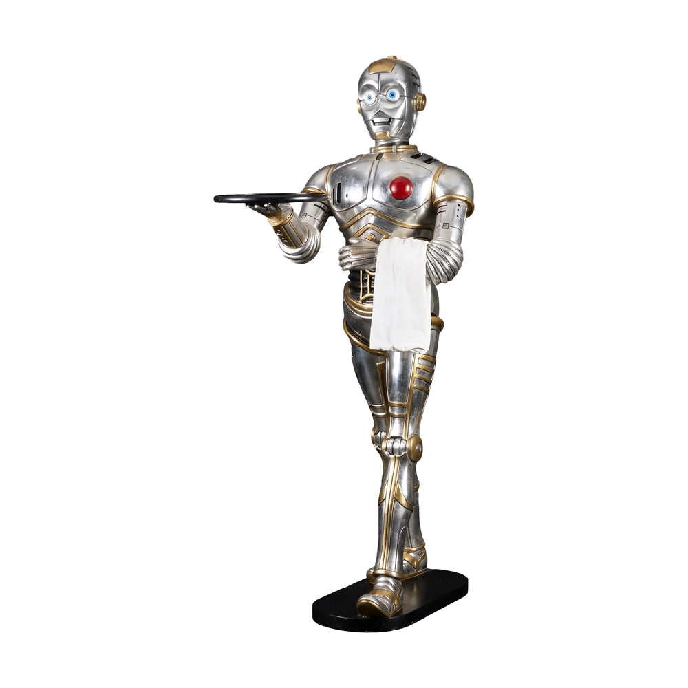 Decorative 6-foot humanoid robot statue featuring a metallic silver and gold finish, holding a black serving tray and a white towel.