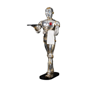 Decorative 6-foot humanoid robot statue featuring a metallic silver and gold finish, holding a black serving tray and a white towel.