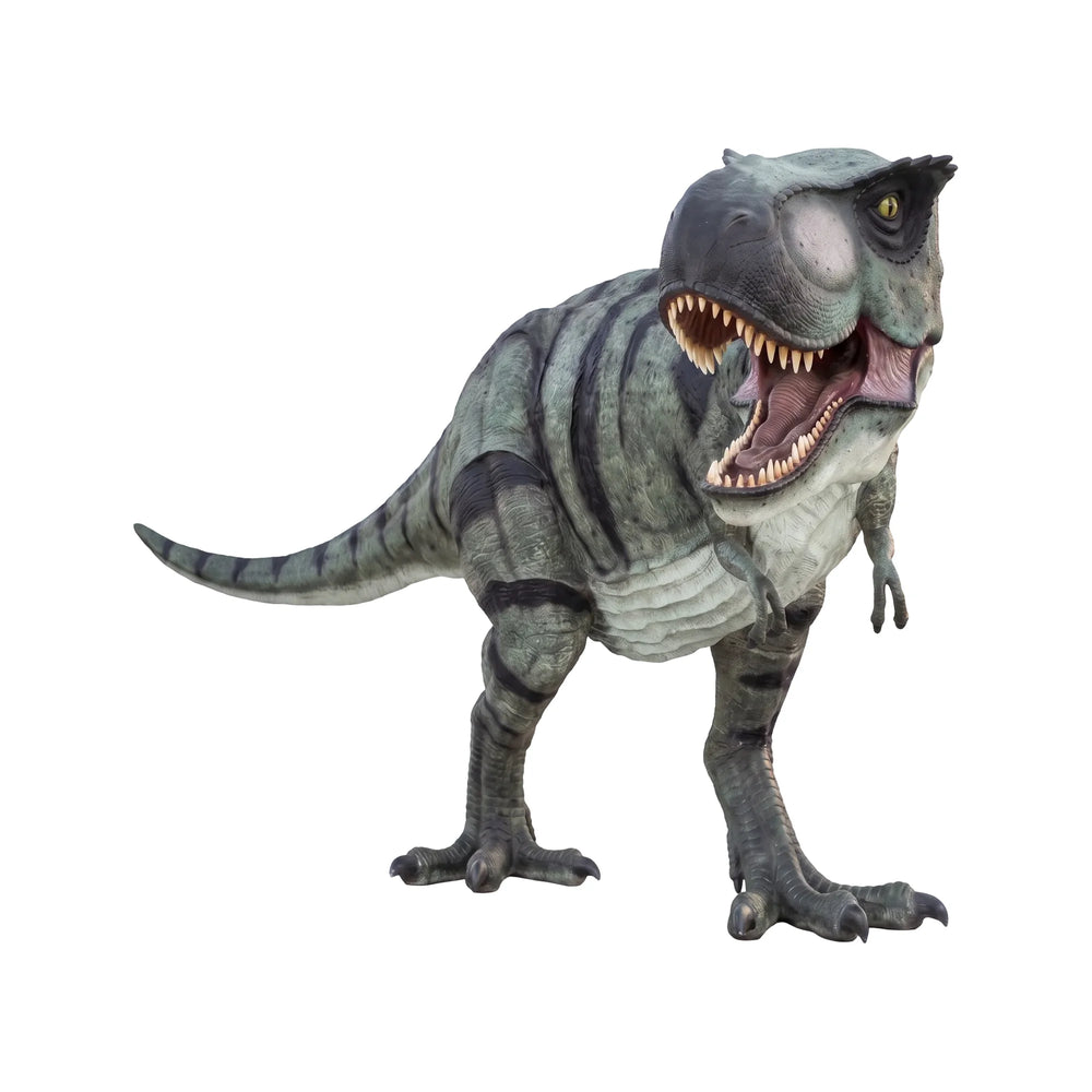 Decorative statue of a walking Tyrannosaurus Rex featuring greyish-green skin with dark stripes, a pale underbelly, and an open roaring mouth.