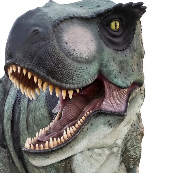 Decorative statue of a walking Tyrannosaurus Rex featuring greyish-green skin with dark stripes, a pale underbelly, and an open roaring mouth.