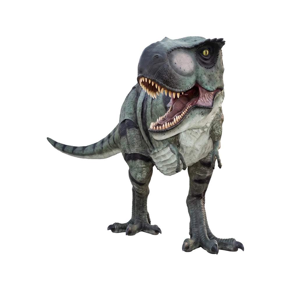 Decorative statue of a walking Tyrannosaurus Rex featuring greyish-green skin with dark stripes, a pale underbelly, and an open roaring mouth.