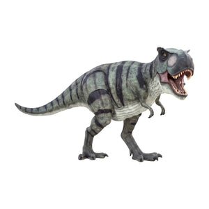 Decorative statue of a walking Tyrannosaurus Rex featuring greyish-green skin with dark stripes, a pale underbelly, and an open roaring mouth.