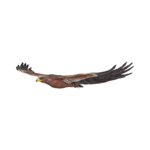 Decorative hanging sculpture of a wedge-tailed eagle in flight, featuring textured brown feathers, a wide wingspan, and a bright yellow beak.