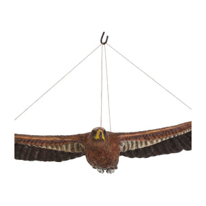 Decorative hanging sculpture of a wedge-tailed eagle in flight, featuring textured brown feathers, a wide wingspan, and a bright yellow beak.