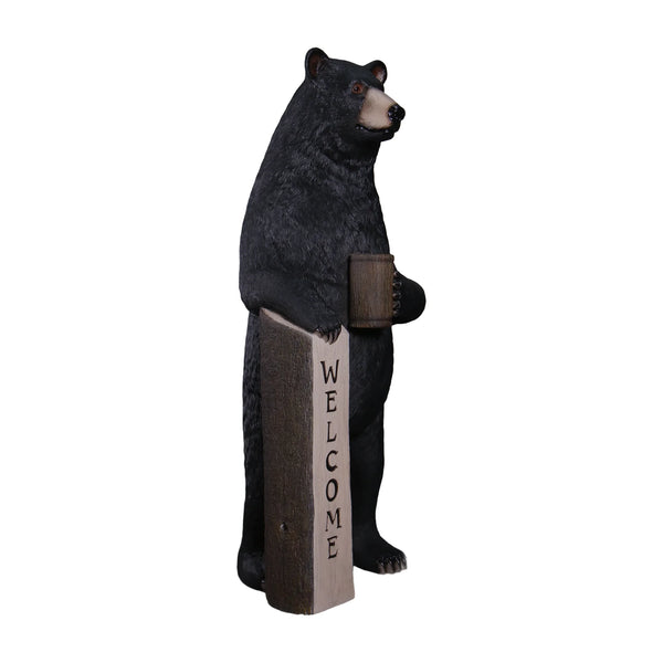 Heinimex Welcome Bear - 6ft statue, realistic textured black fur finish with wooden-look accents, rustic mountain lodge display style right angle view