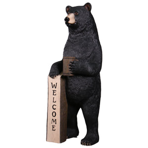 Heinimex Welcome Bear - 6ft statue, realistic textured black fur finish with wooden-look accents, rustic mountain lodge display style angle view
