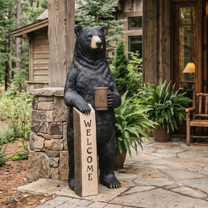 Heinimex Welcome Bear - 6ft statue, realistic textured black fur finish with wooden-look accents, rustic mountain lodge display lifestyle photo