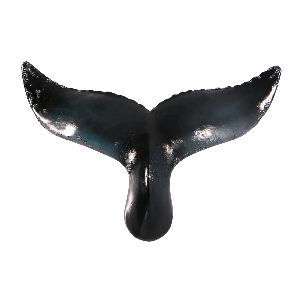 Decorative wall-mounted whale tail sculpture featuring a glossy dark blue and black finish with textured edges.