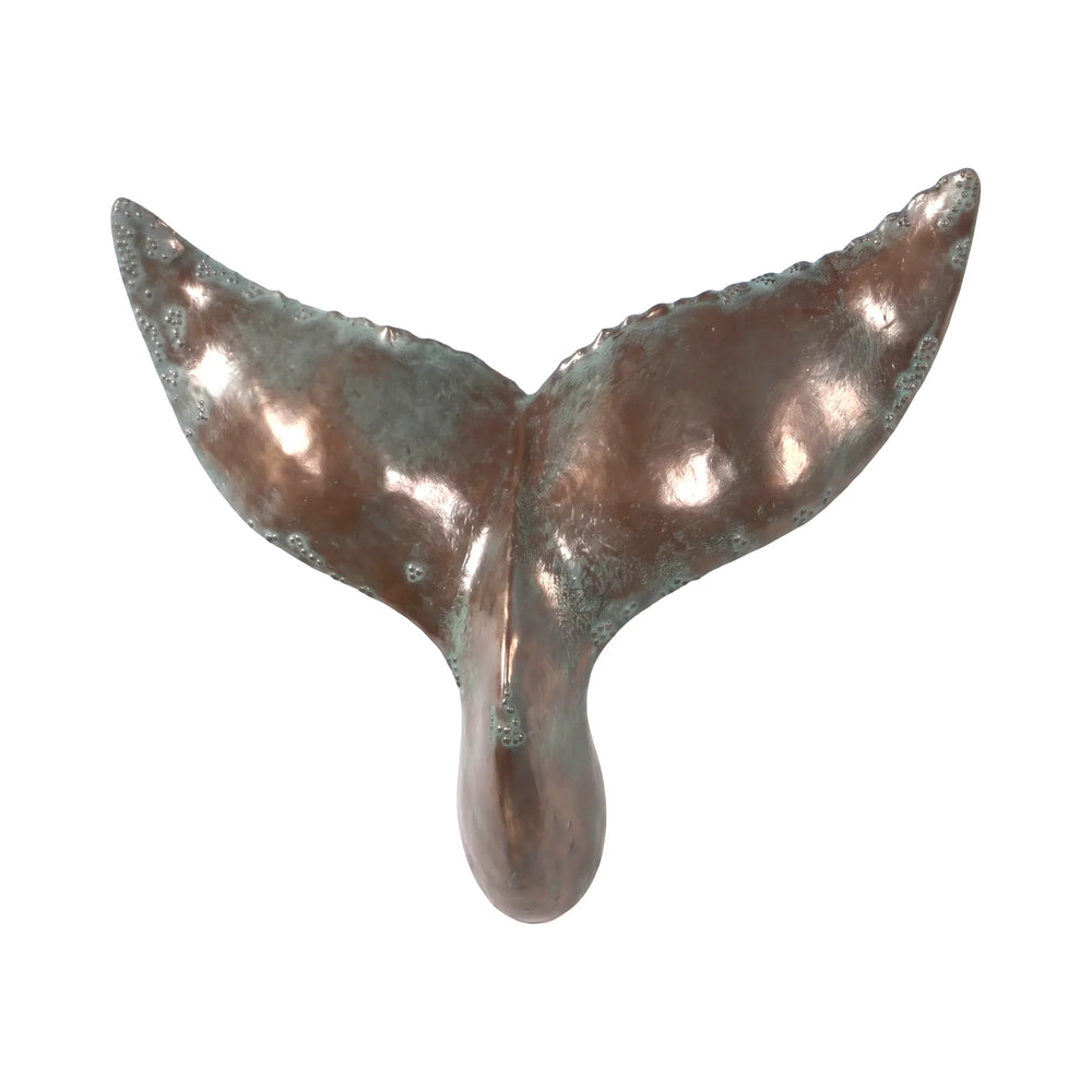Decorative wall-mounted whale tail sculpture featuring a metallic copper finish with green patina accents.