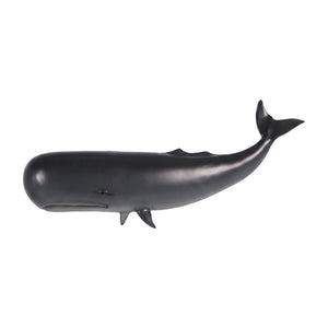 Decorative wall-mounted sculpture of a dark grey sperm whale featuring a prominent blunt head and a raised, curved tail.