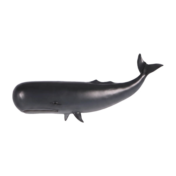 Decorative wall-mounted sculpture of a dark grey sperm whale featuring a prominent blunt head and a raised, curved tail.