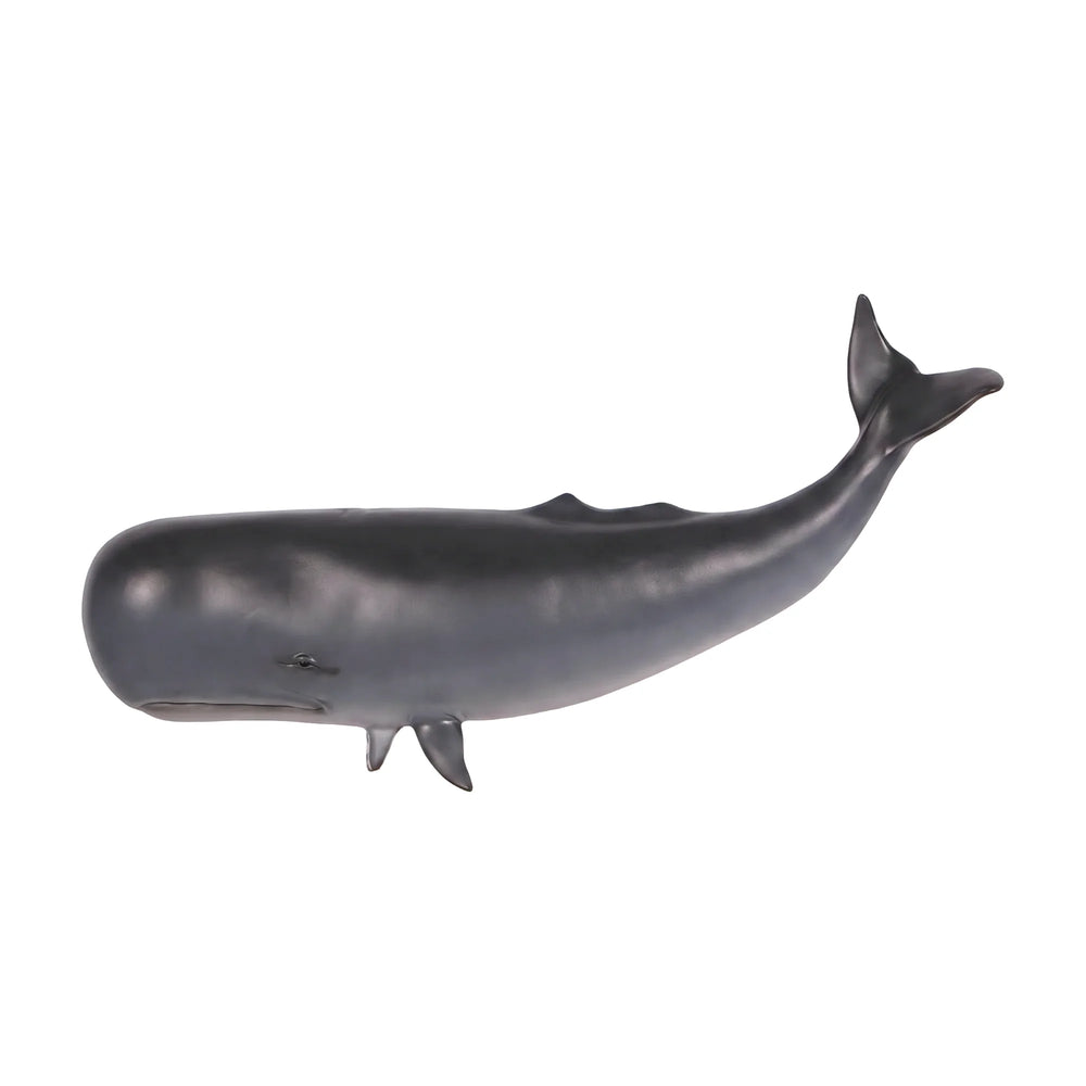Decorative wall-mounted sculpture of a dark grey sperm whale featuring a prominent blunt head and a raised, curved tail.