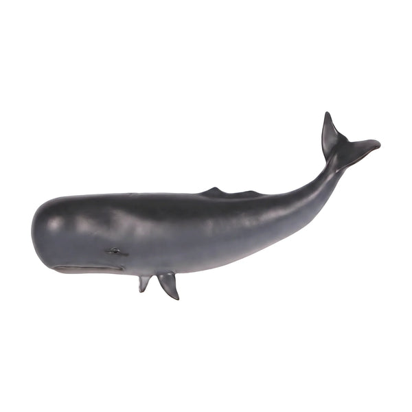 Decorative wall-mounted sculpture of a dark grey sperm whale featuring a prominent blunt head and a raised, curved tail.