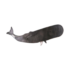 Decorative wall-mounted sculpture of a dark grey sperm whale featuring a prominent blunt head and a raised, curved tail.
