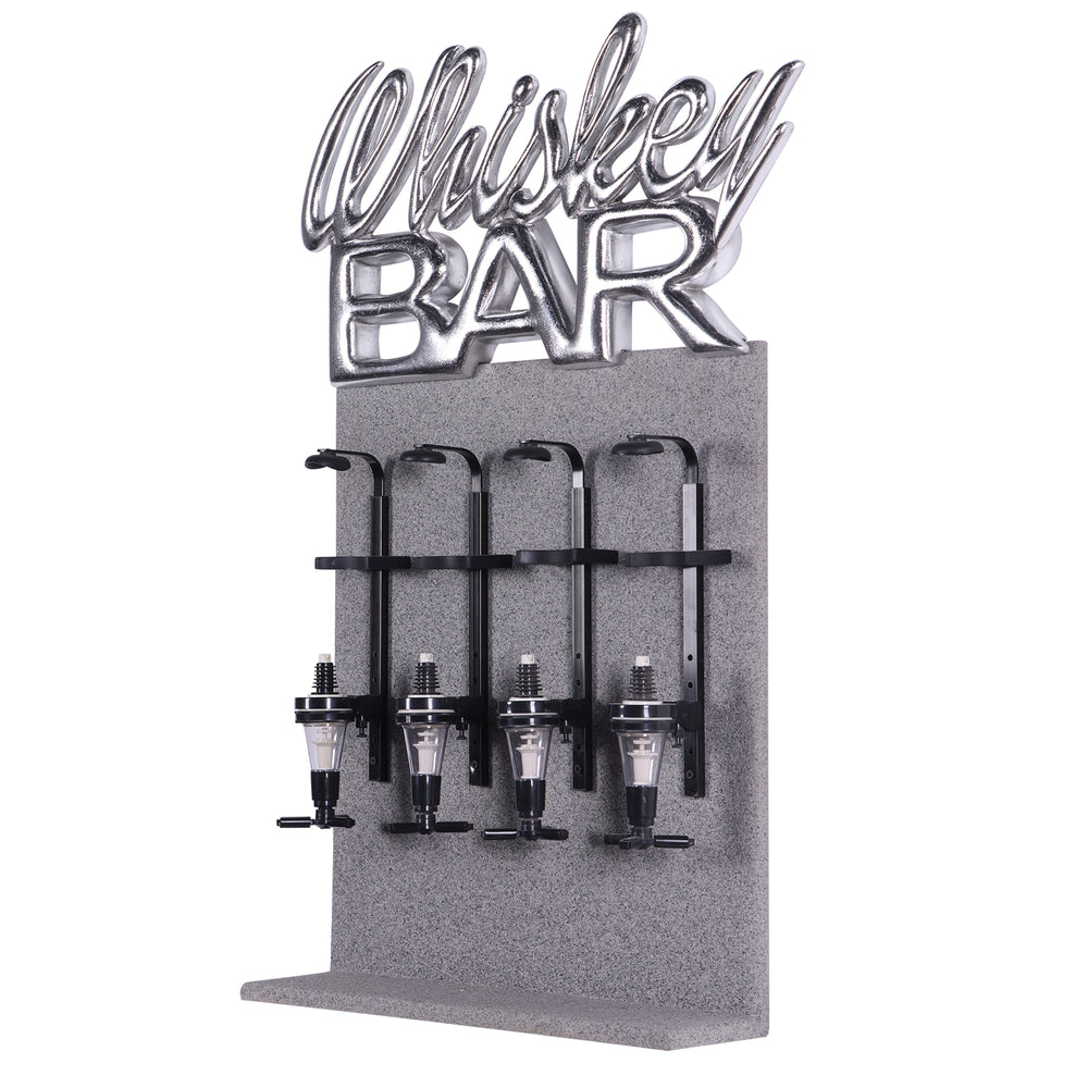 Decorative freestanding four-bottle whiskey dispenser featuring a grey textured stand and a metallic silver Whiskey Bar sign.