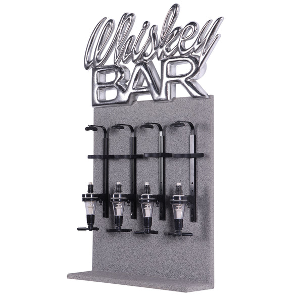 Decorative freestanding four-bottle whiskey dispenser featuring a grey textured stand and a metallic silver Whiskey Bar sign.