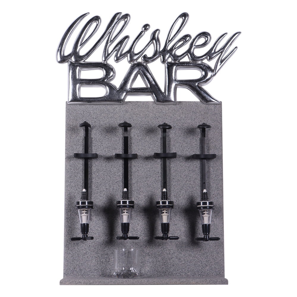 Decorative freestanding four-bottle whiskey dispenser featuring a grey textured stand and a metallic silver Whiskey Bar sign.