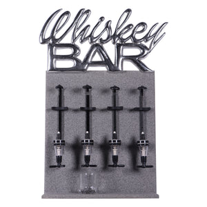 Decorative freestanding four-bottle whiskey dispenser featuring a grey textured stand and a metallic silver Whiskey Bar sign.