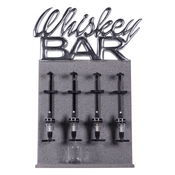 Decorative freestanding four-bottle whiskey dispenser featuring a grey textured stand and a metallic silver Whiskey Bar sign.