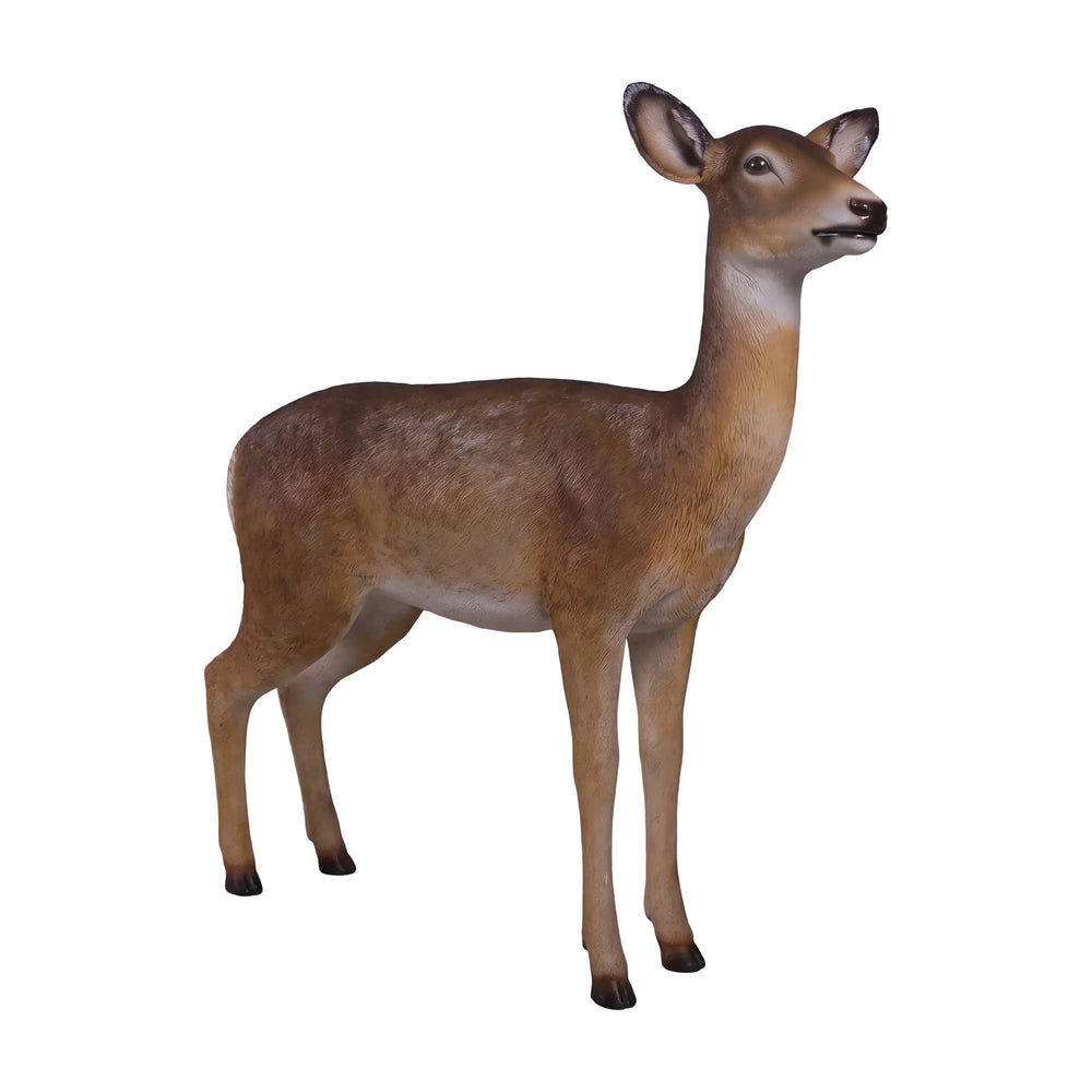 Decorative standing white-tailed doe statue featuring a textured brown coat, white underbelly, and large upright ears.
