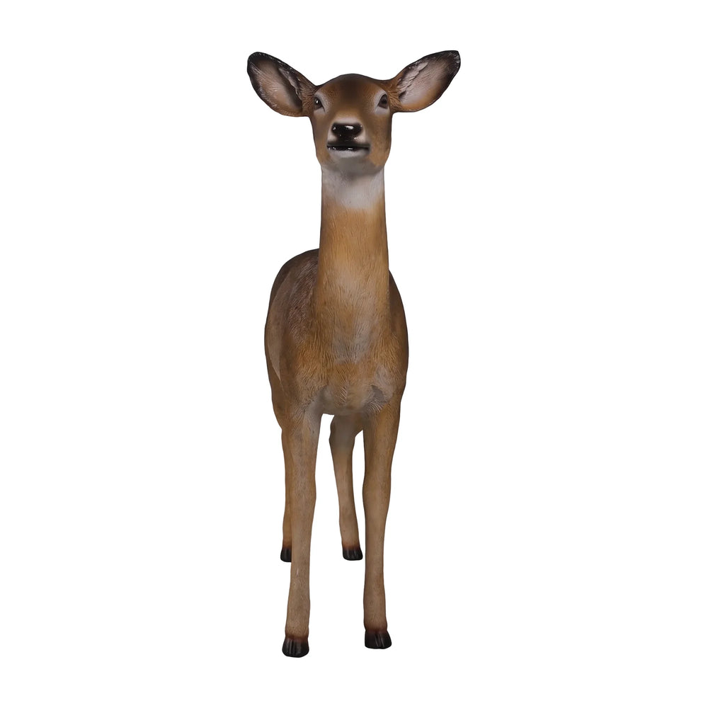 Decorative standing white-tailed doe statue featuring a textured brown coat, white underbelly, and large upright ears.