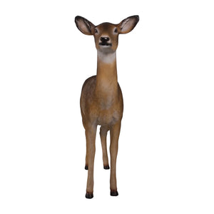 Decorative standing white-tailed doe statue featuring a textured brown coat, white underbelly, and large upright ears.