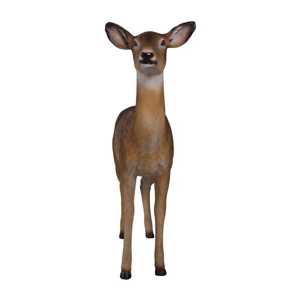 Decorative standing white-tailed doe statue featuring a textured brown coat, white underbelly, and large upright ears.