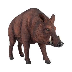 Decorative standing wild boar statue featuring textured brown fur, prominent curved tusks, and a dark snout.