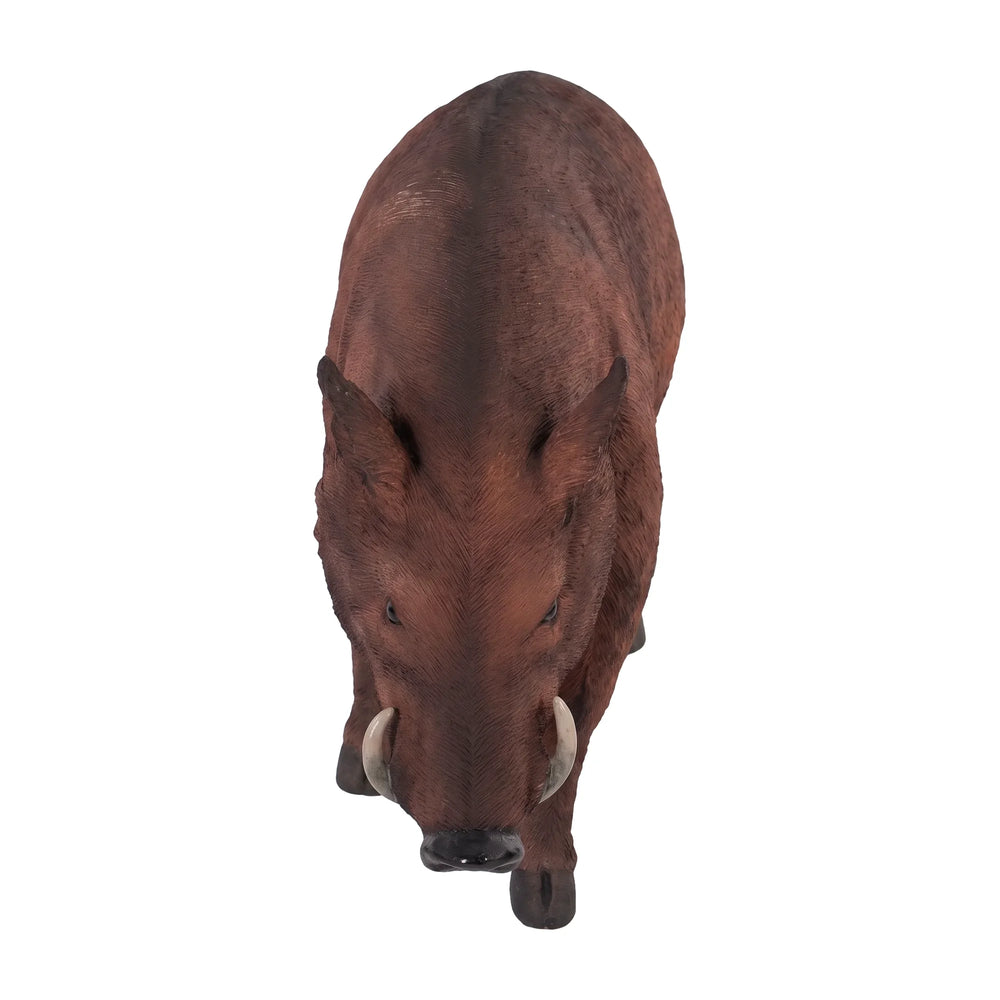 Decorative standing wild boar statue featuring textured brown fur, prominent curved tusks, and a dark snout.