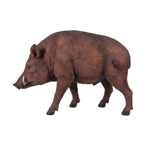 Decorative standing wild boar statue featuring textured brown fur, prominent curved tusks, and a dark snout.